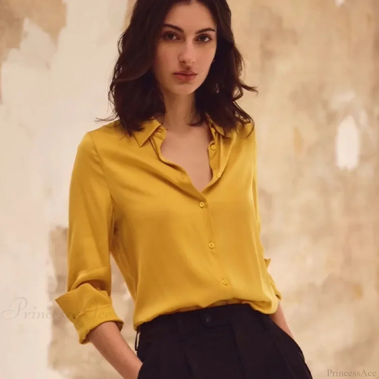 Satin Solid Long Sleeve Polo Neck Blouse blouse-250223