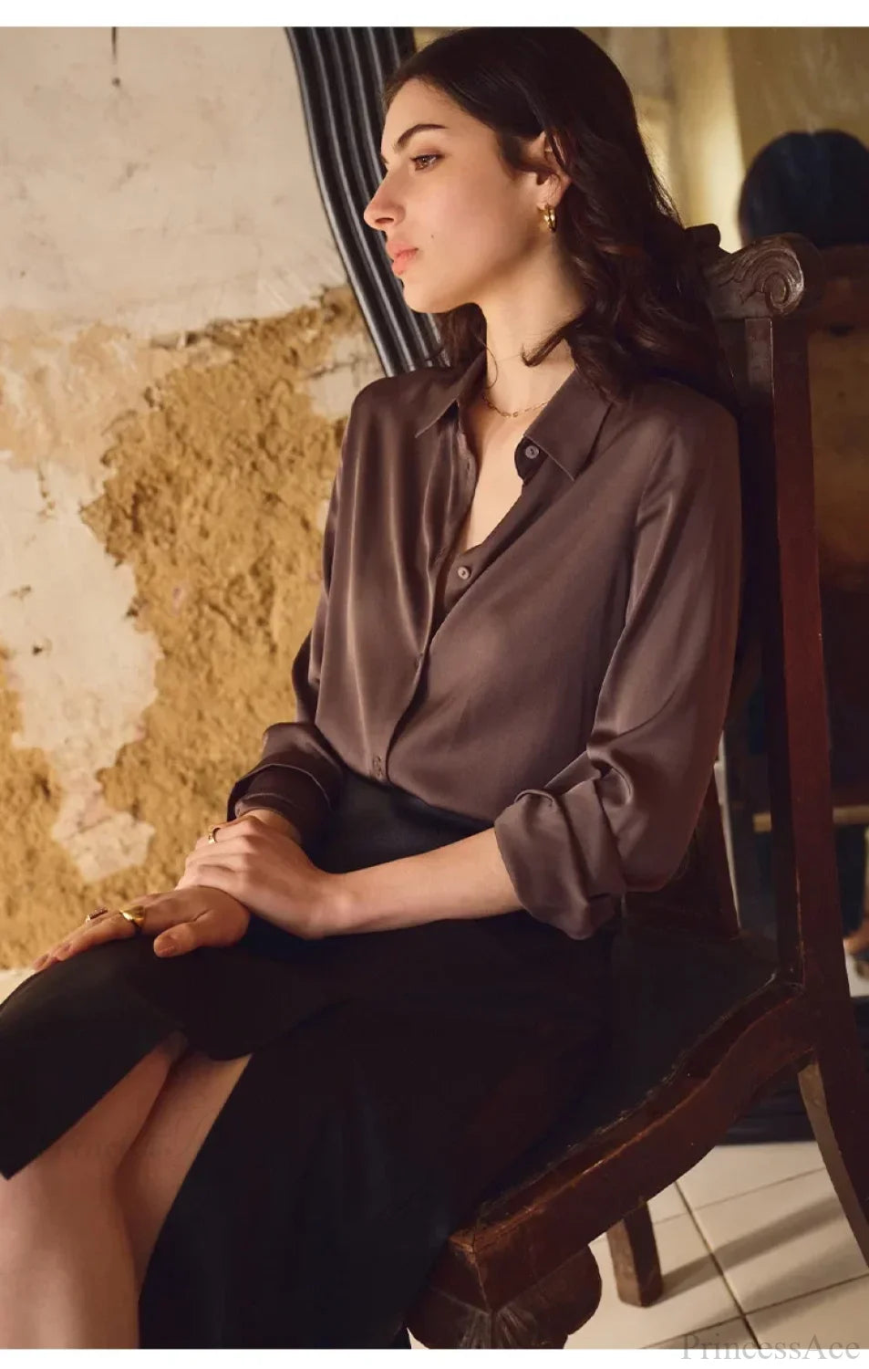 Satin Solid Long Sleeve Polo Neck Blouse Drak Coffee / S blouse-250223