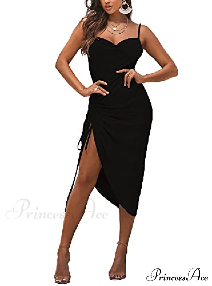 Satin Spaghetti Straps Cowl Neck Christmas Midi Dresses