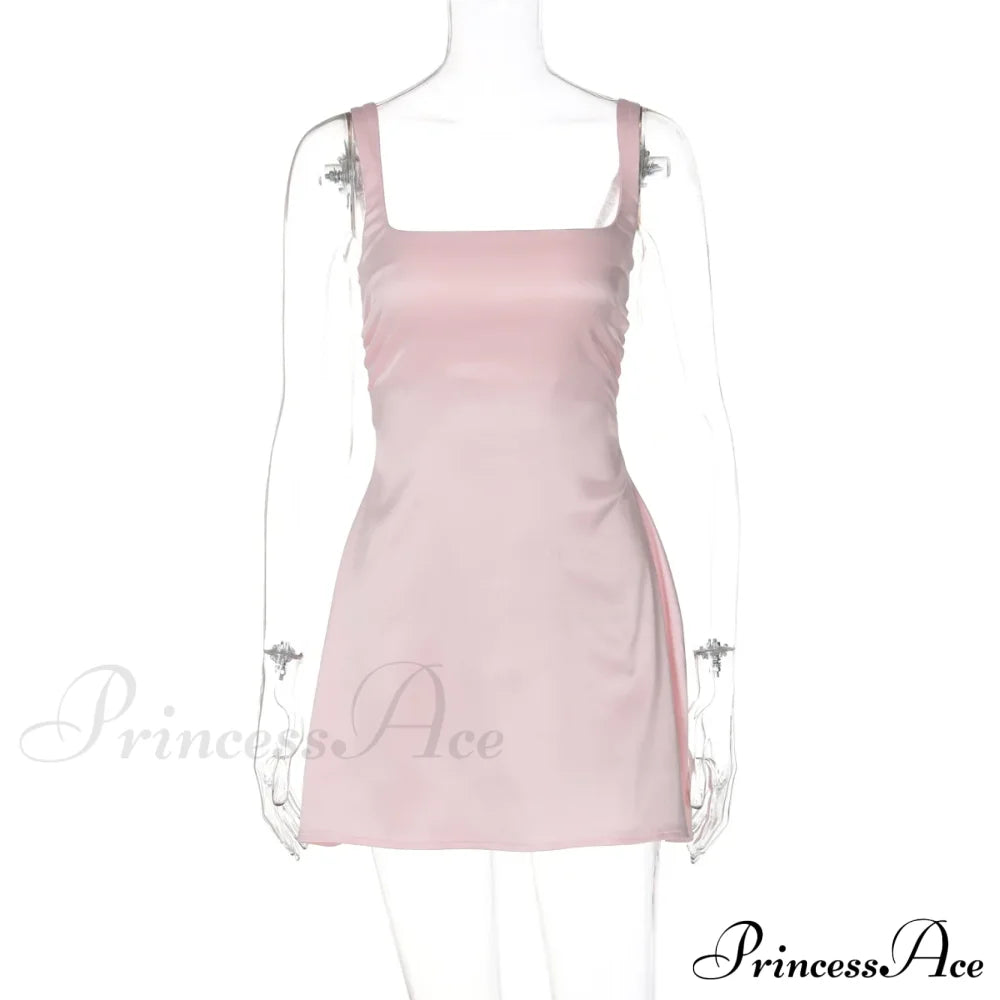 Satin Square Neck Charming Strap Mini Dress Solid Color
