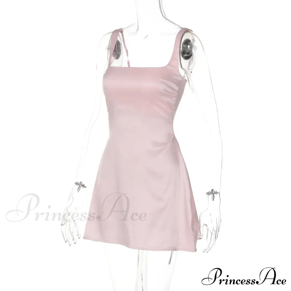 Satin Square Neck Charming Strap Mini Dress Solid Color