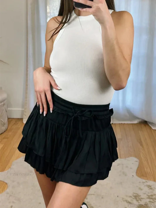 Satin Tiered Flared Pleated Skirt Black / S skirts-250223