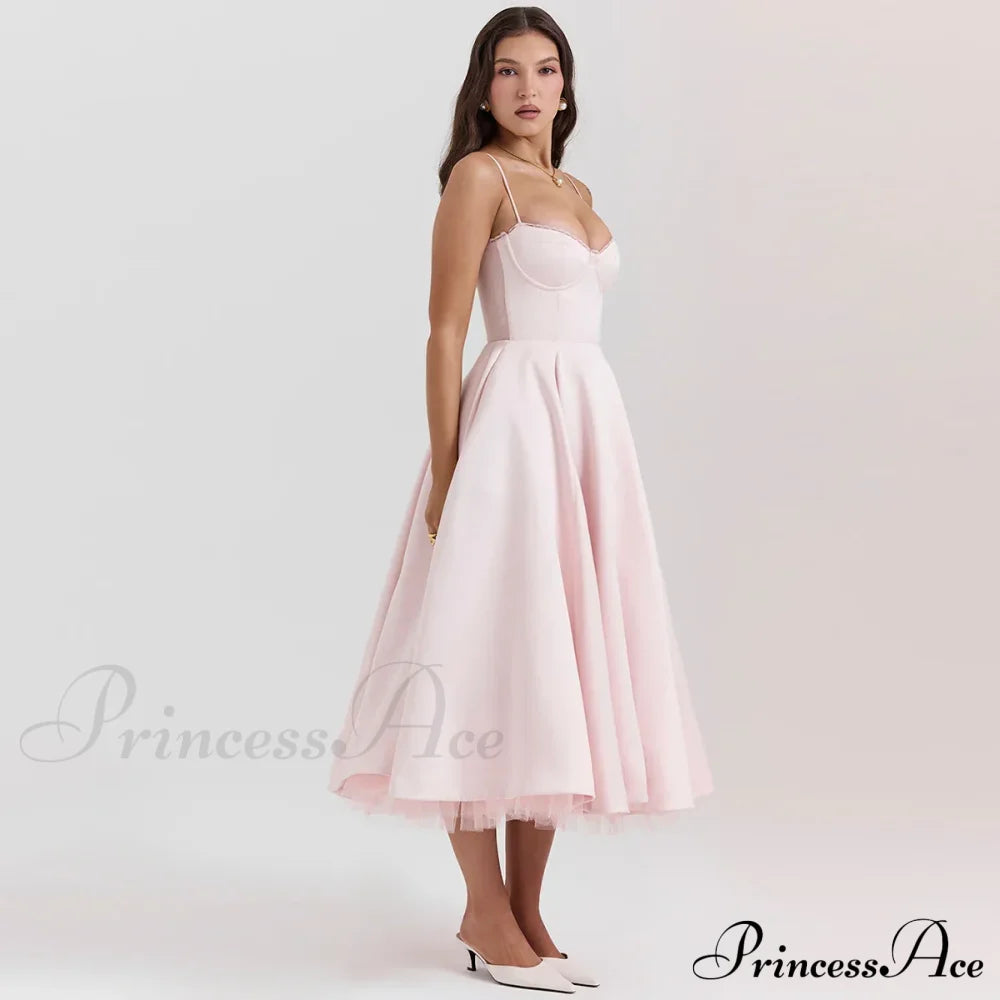 Satin Tulle Flare Charming Strap Cupped Midi Dress