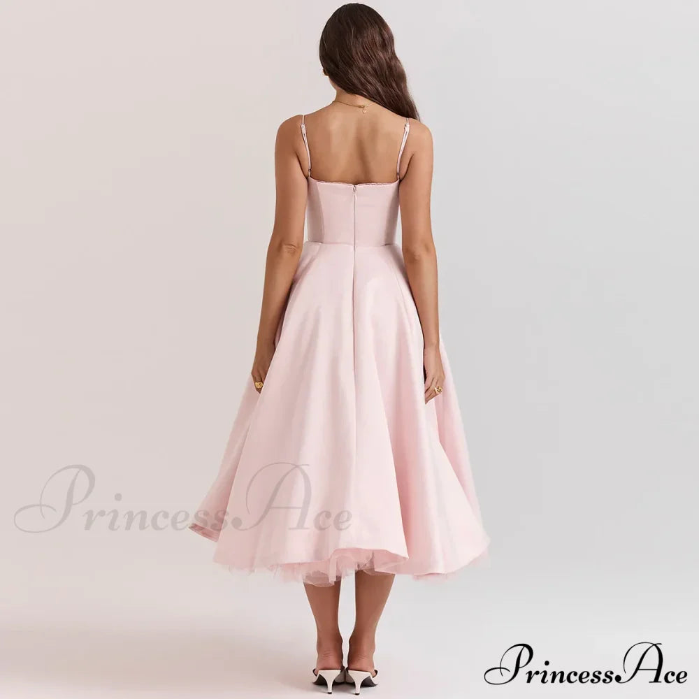 Satin Tulle Flare Charming Strap Cupped Midi Dress