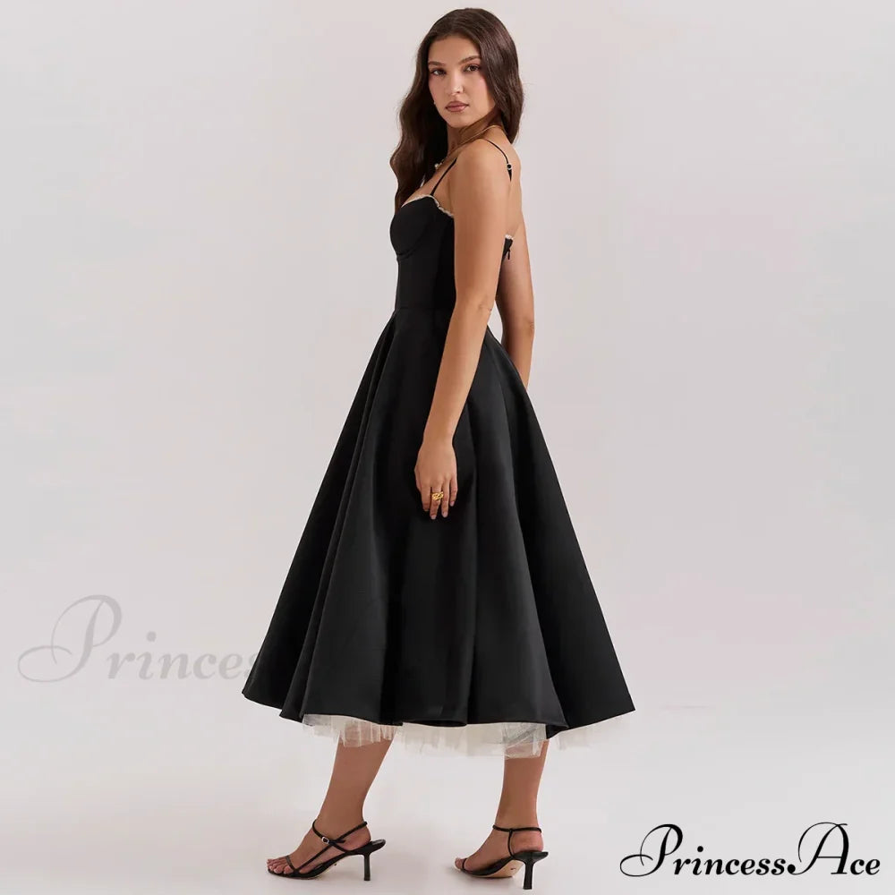 Satin Tulle Flare Charming Strap Cupped Midi Dress