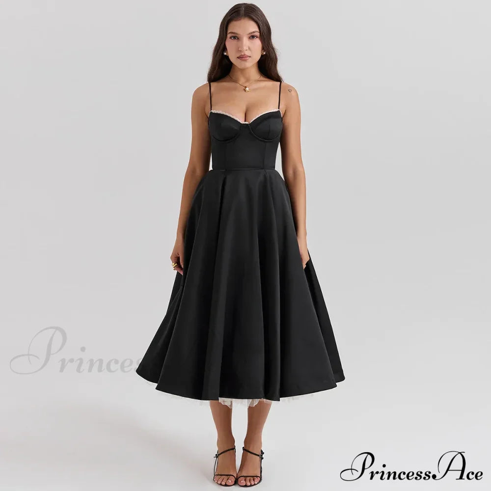 Satin Tulle Flare Charming Strap Cupped Midi Dress