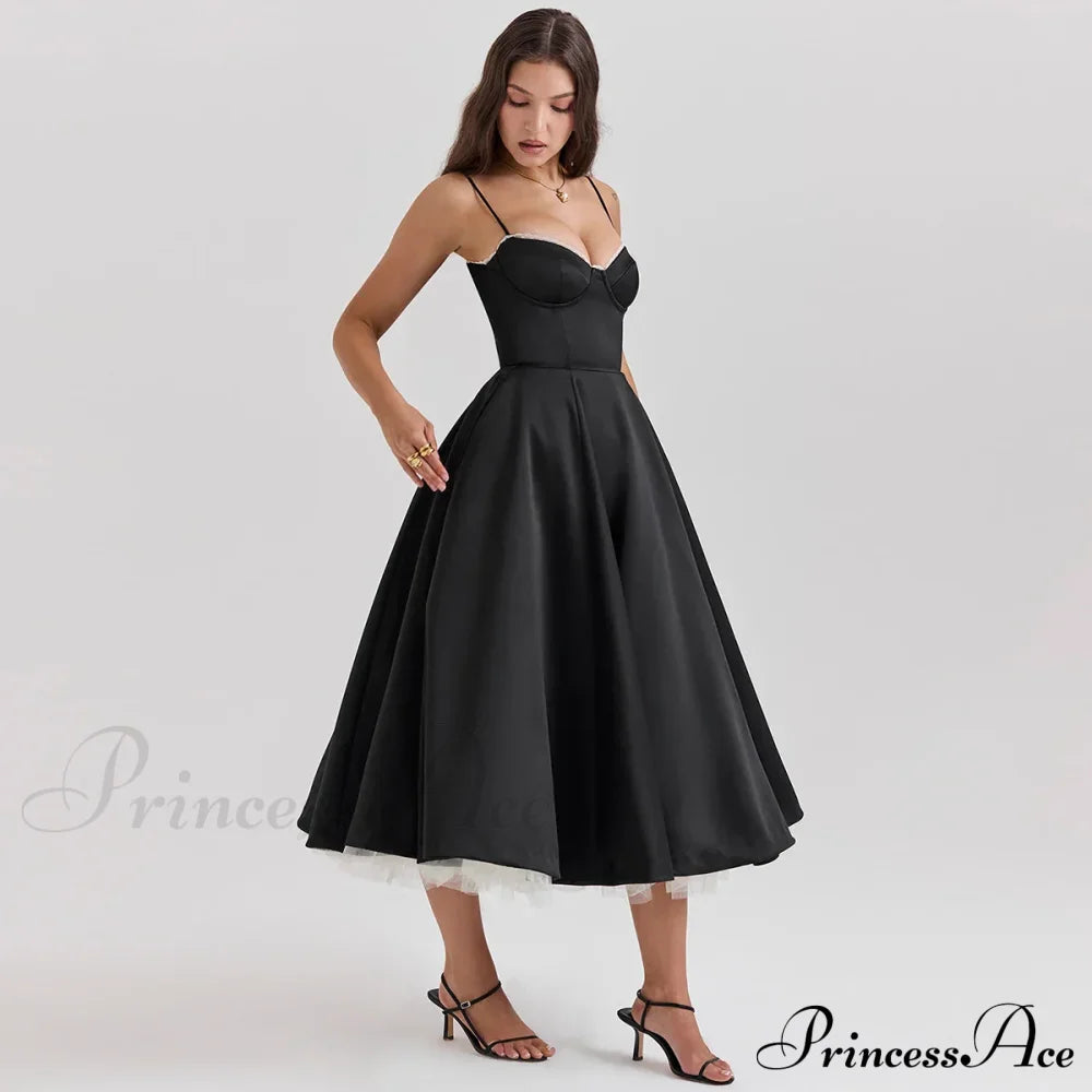 Satin Tulle Flare Charming Strap Cupped Midi Dress