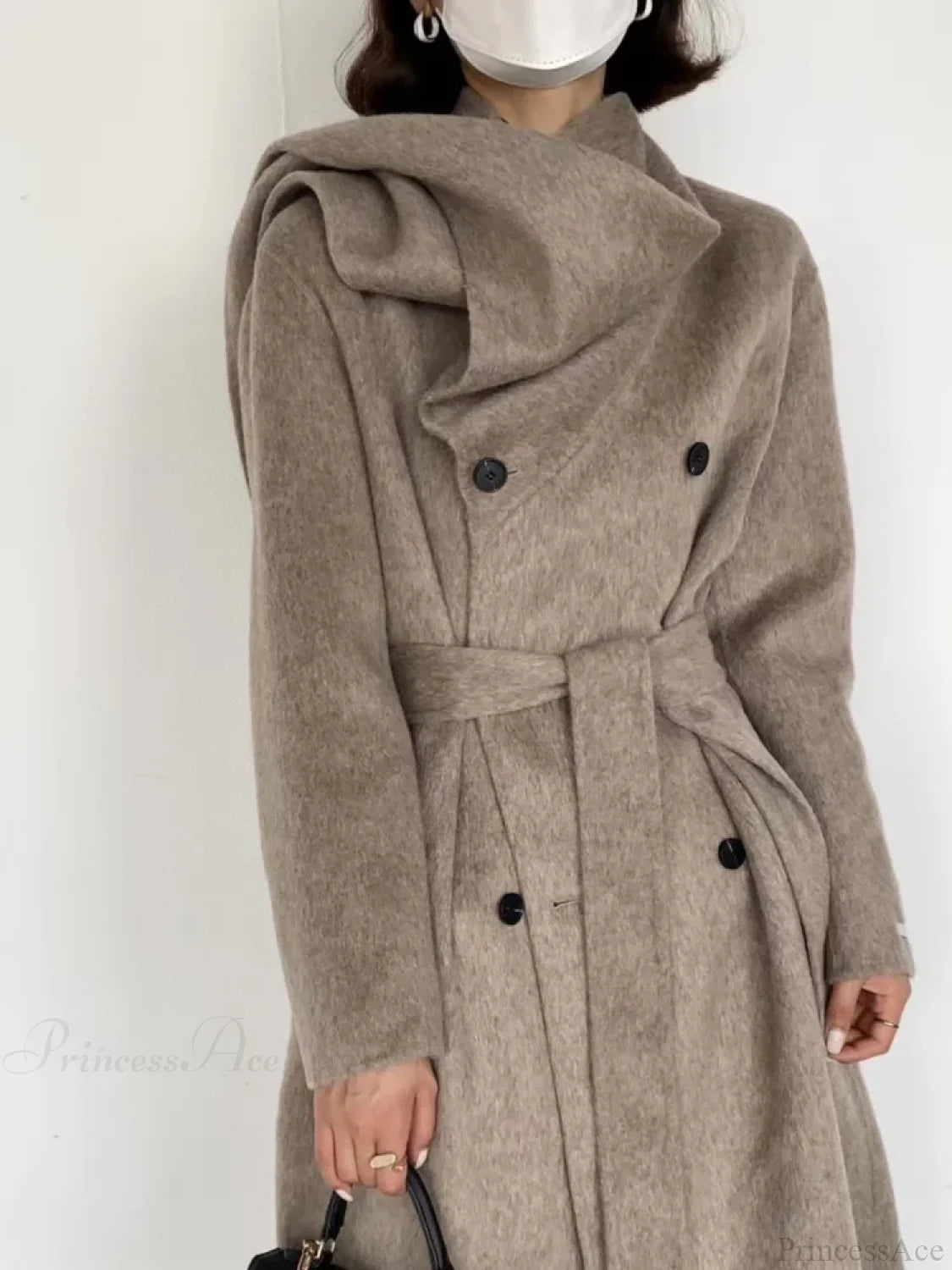 Scarf Collar Double-Breasted Wool Overcoat Oat Color / One Size