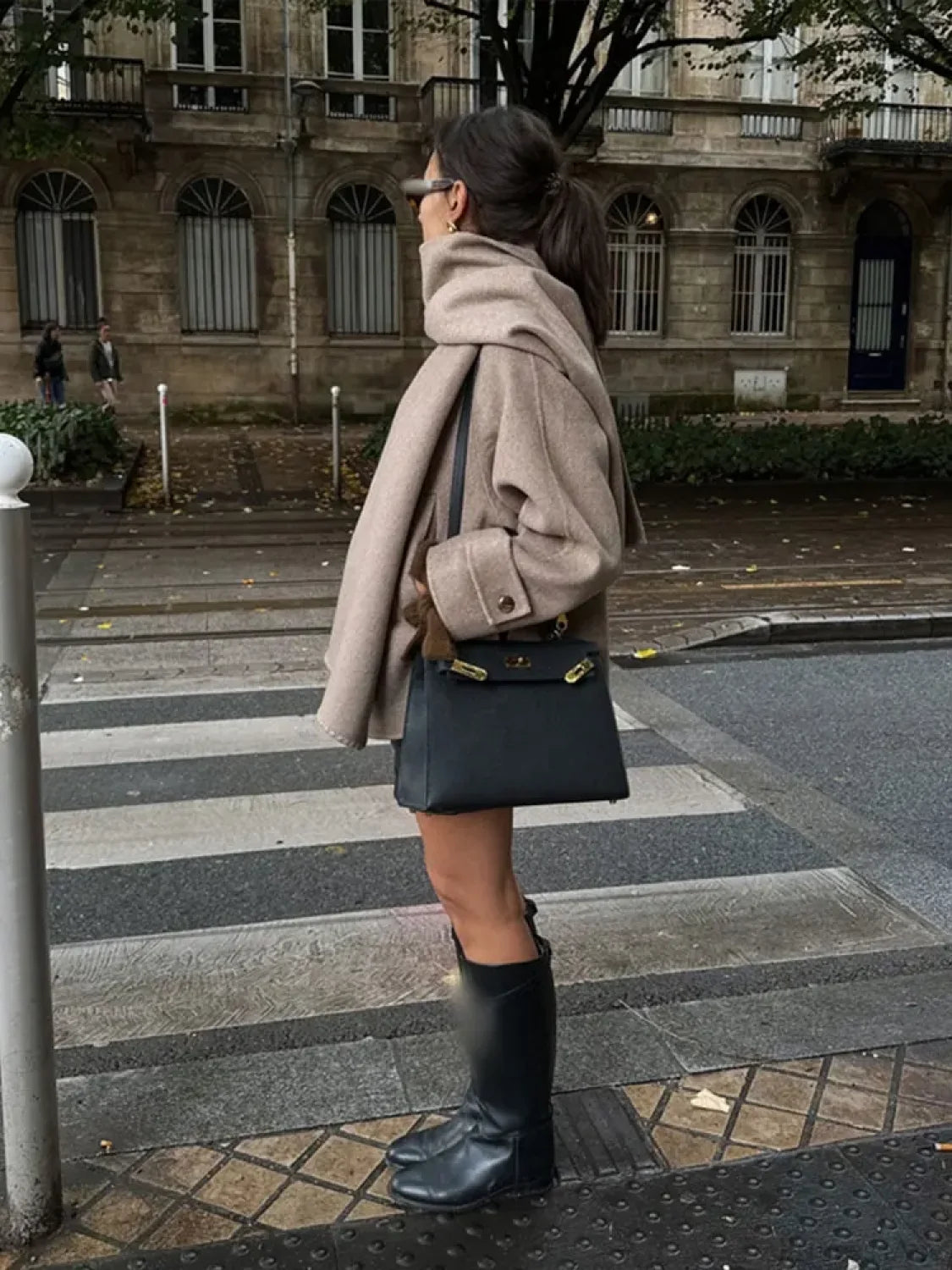 Scarf Collar Woolen Blends Short Coat Khaki / S