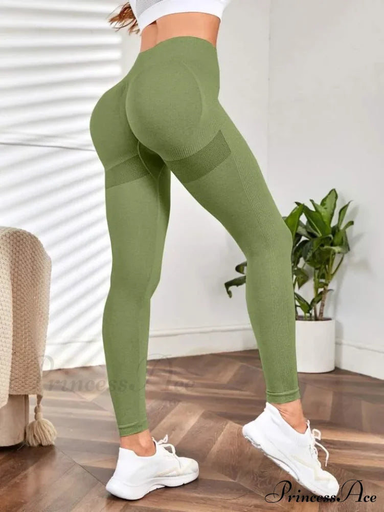 Seamless Elastic Butt Lifting Yoga Tights Legging Dark Green / S