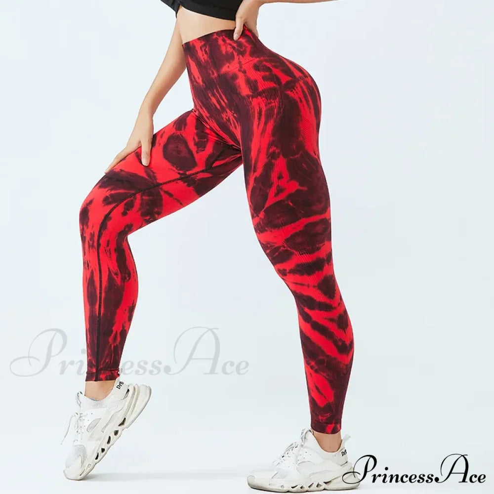 Seamless Tie Dye Waist Fitness Fashion Yoga Legging Red / S