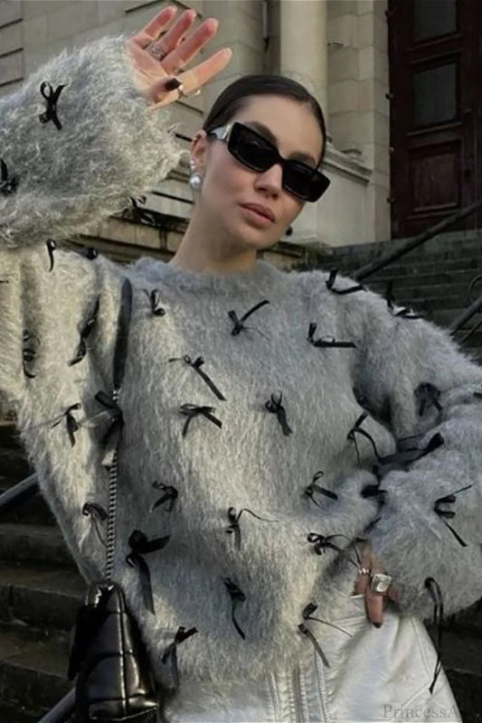 Seamoss Bowknot Warm Knit Sweater Grey / S