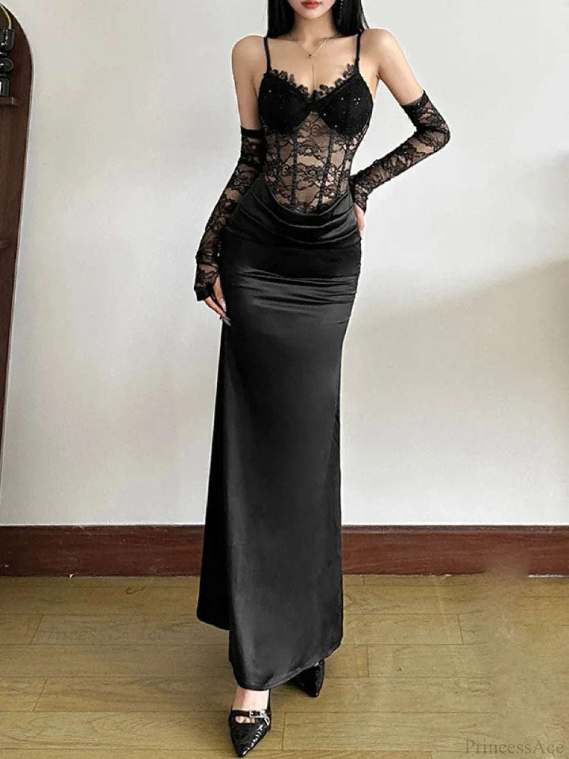 Seductive Bodice Lace Patchwork Elevated Waist Full-Length Dress