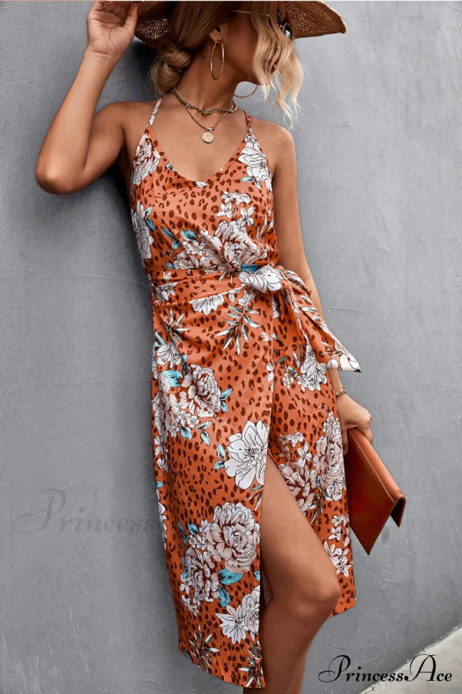 Seductive Suspender V-Neck Dress With Strap Slit L / Orange