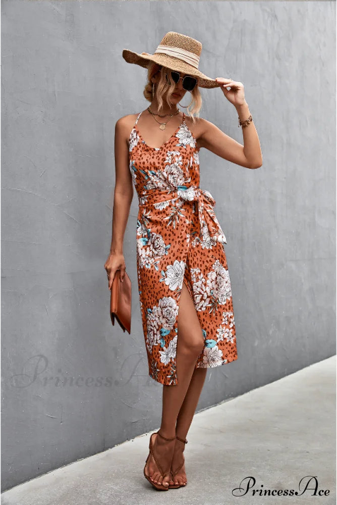 Seductive Suspender V-Neck Dress With Strap Slit M / Orange