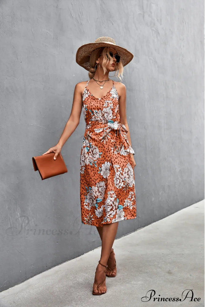 Seductive Suspender V-Neck Dress With Strap Slit S / Orange