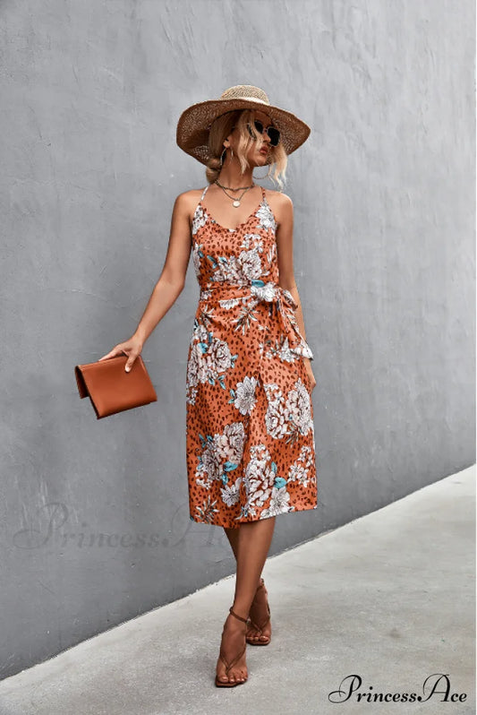 Seductive Suspender V-Neck Dress With Strap Slit S / Orange