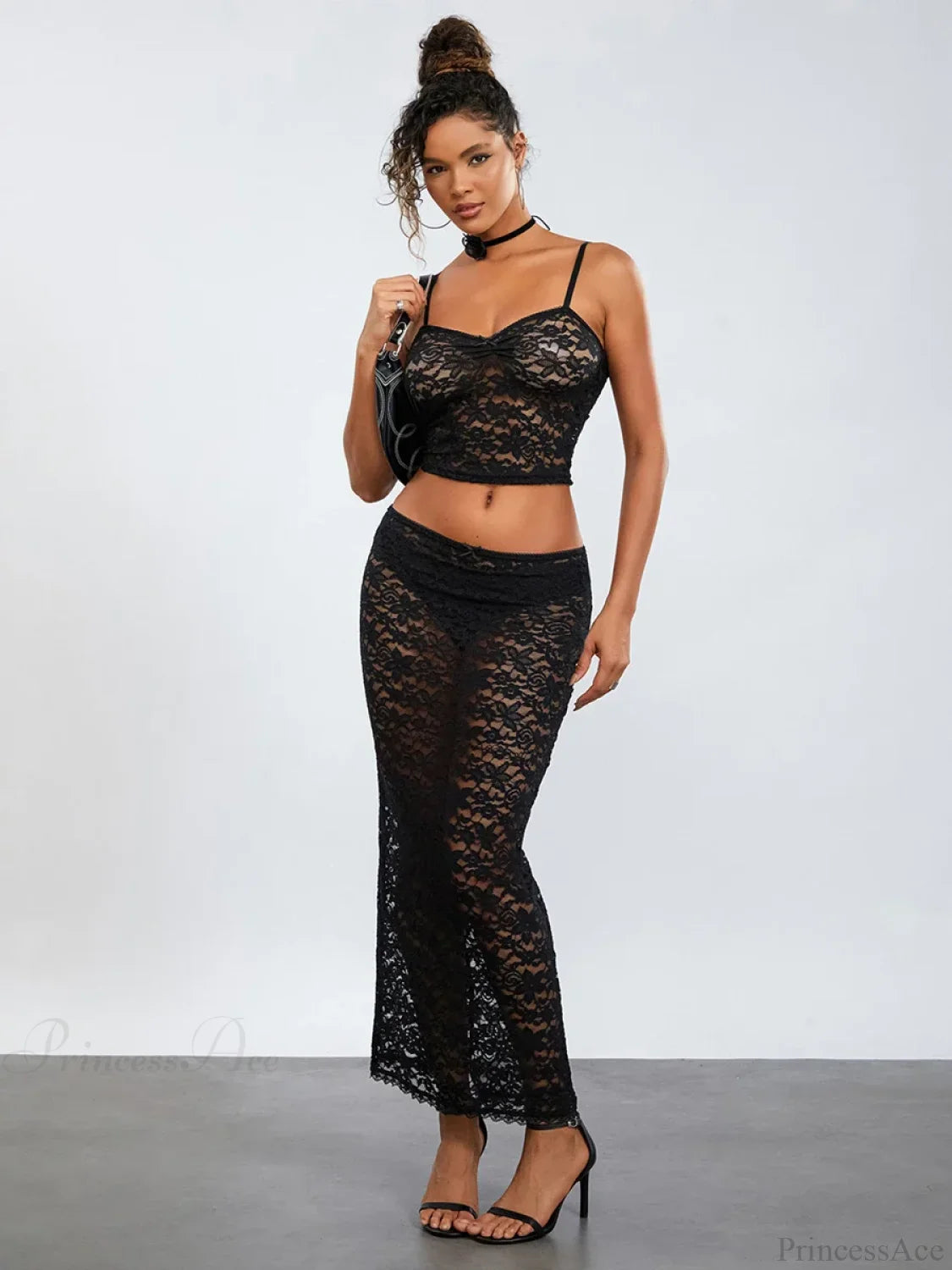 See-Through Black Lace Crochet Camis Crop Top Long Floral Skirt Black / S floraldress-250126