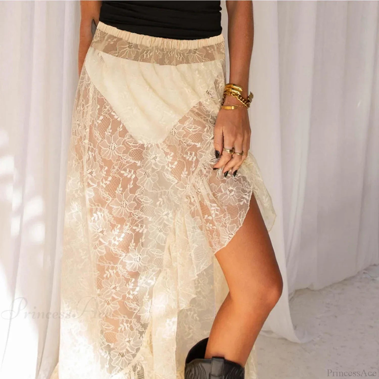 See Through Elastic High Waist Ruffle Asymmetrical Lace Skirt skirt-250126