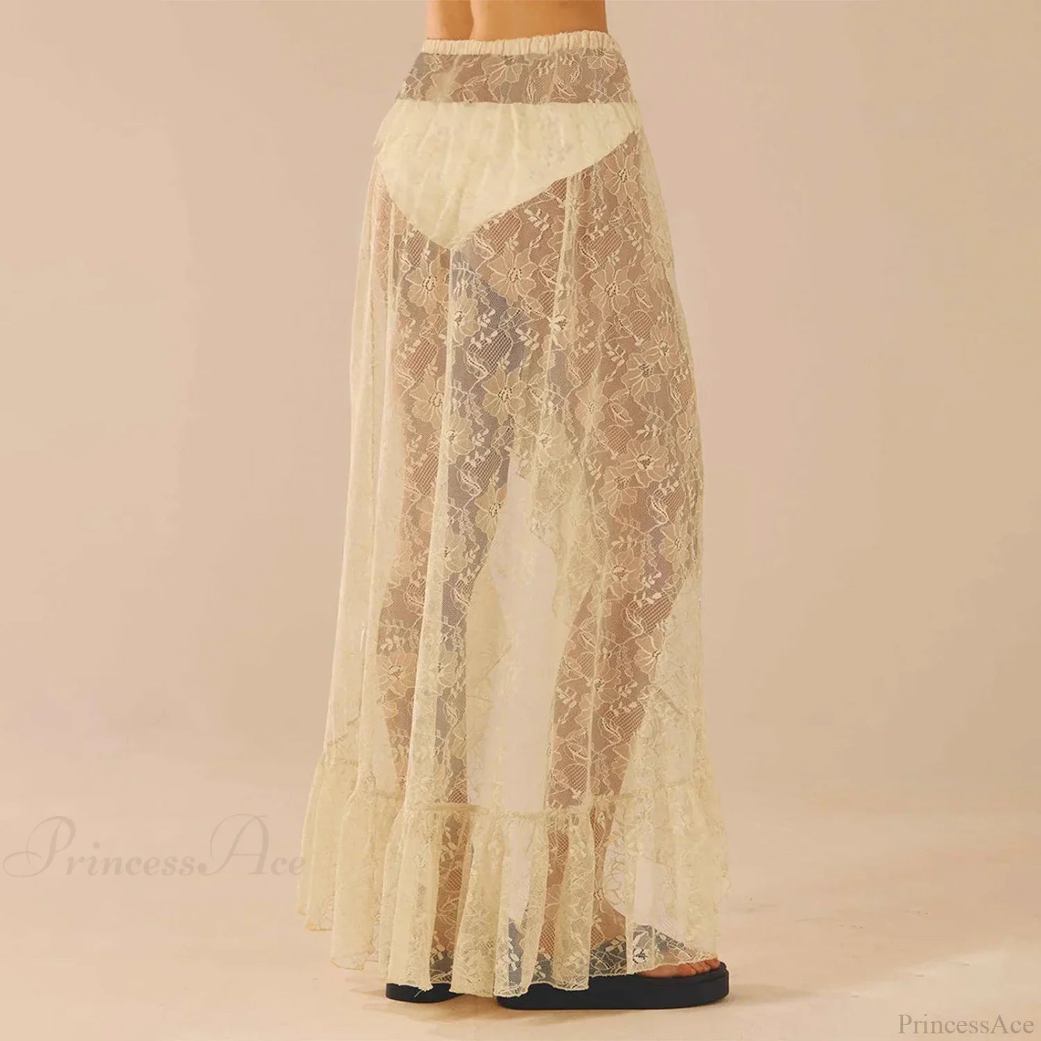 See Through Elastic High Waist Ruffle Asymmetrical Lace Skirt skirt-250126
