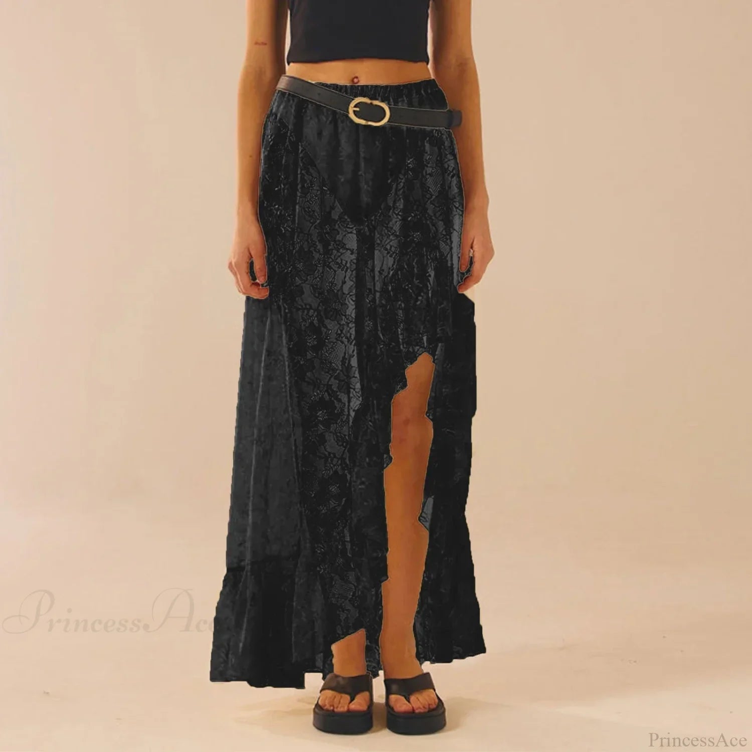 See Through Elastic High Waist Ruffle Asymmetrical Lace Skirt Black / S skirt-250126