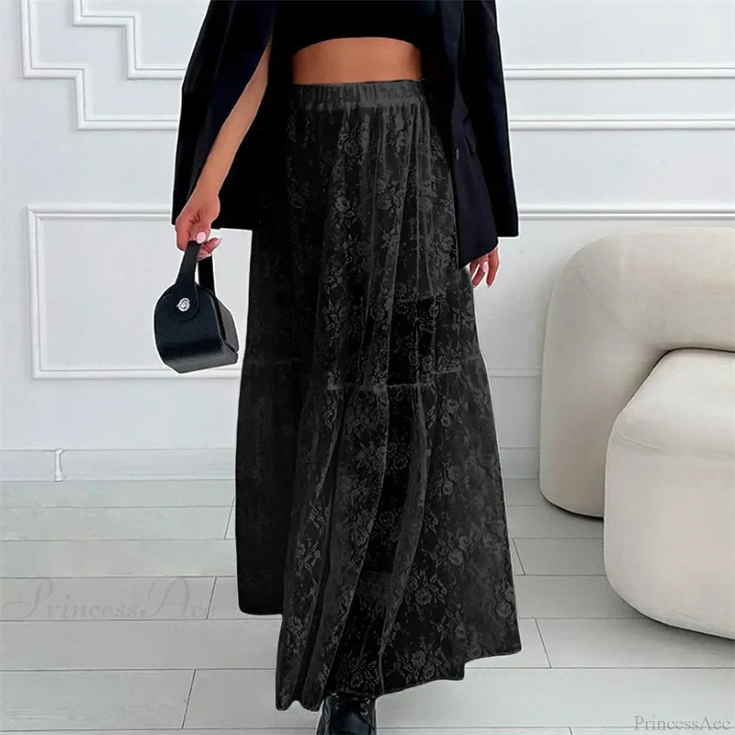 See Through Floral Lace Elastic High Waist A-Line Long Skirt Vacation Party skirt-250126