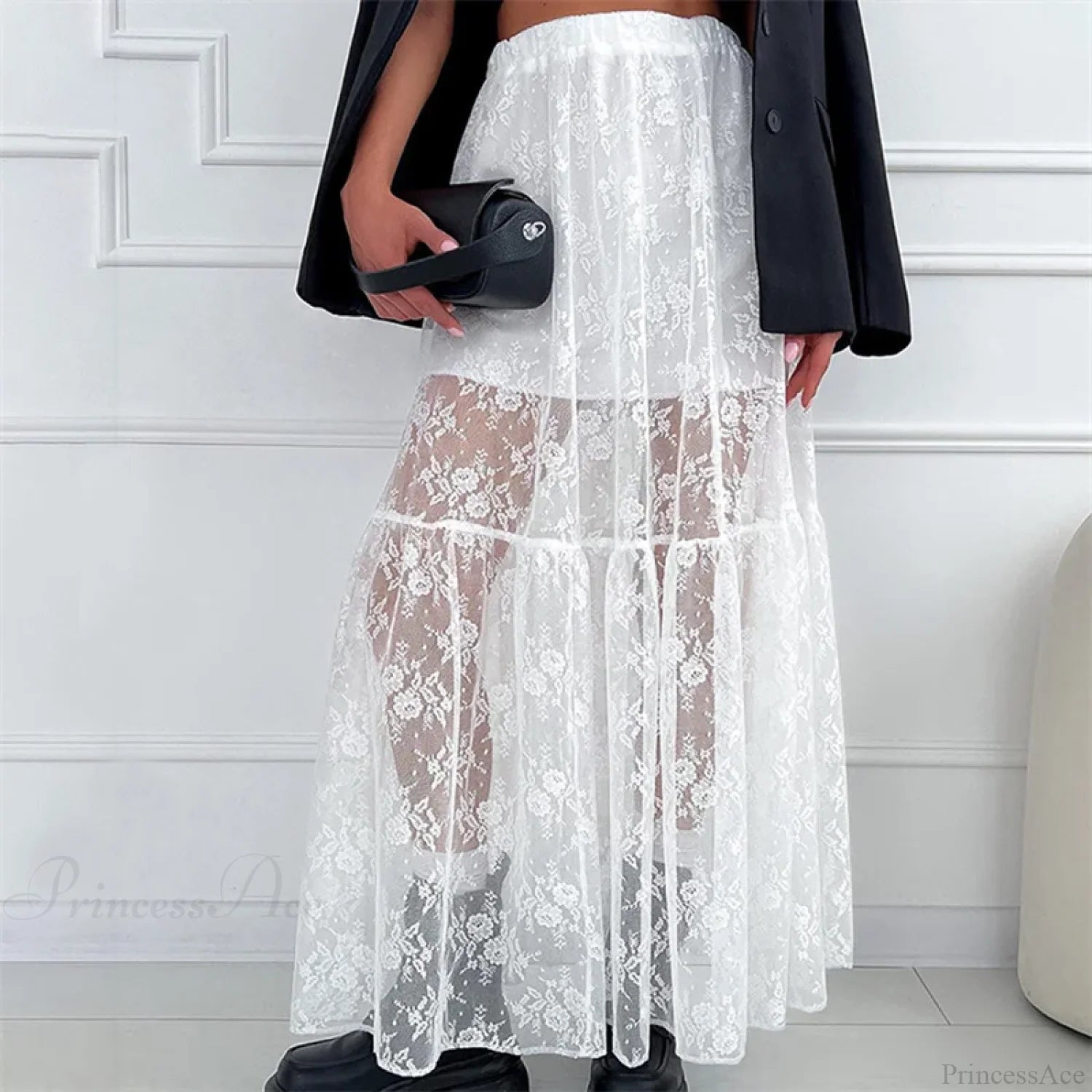 See Through Floral Lace Elastic High Waist A-Line Long Skirt Vacation Party skirt-250126
