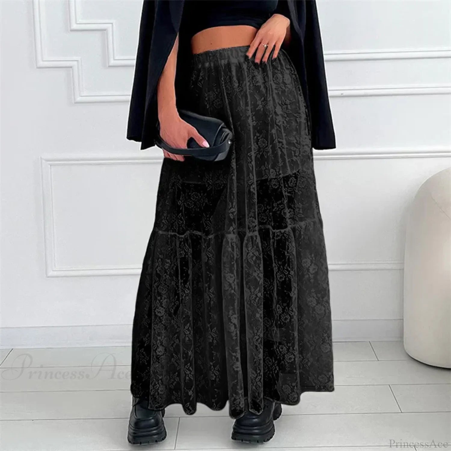See Through Floral Lace Elastic High Waist A-Line Long Skirt Vacation Party BLACK / S skirt-250126