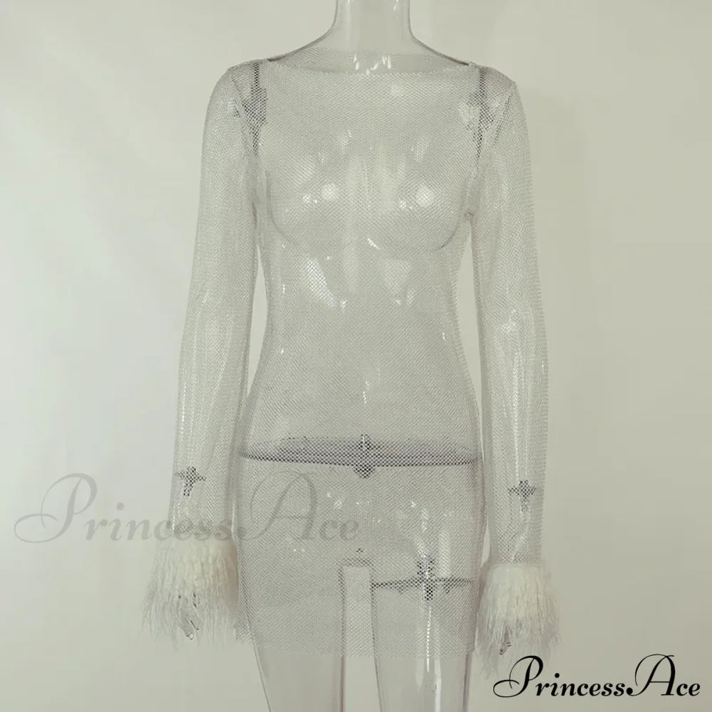 See Through Mesh Autumn Black Long O-Neck Sexy Club Partywear Fashion Bodycon Dress White / S