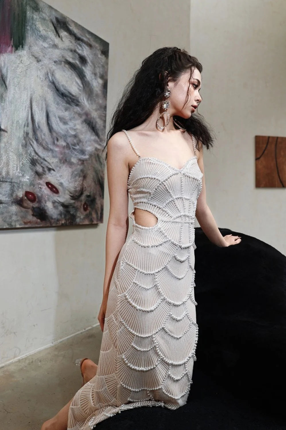 Sequin Beaded Cutout Waist Spaghetti Strap Wedding Dress