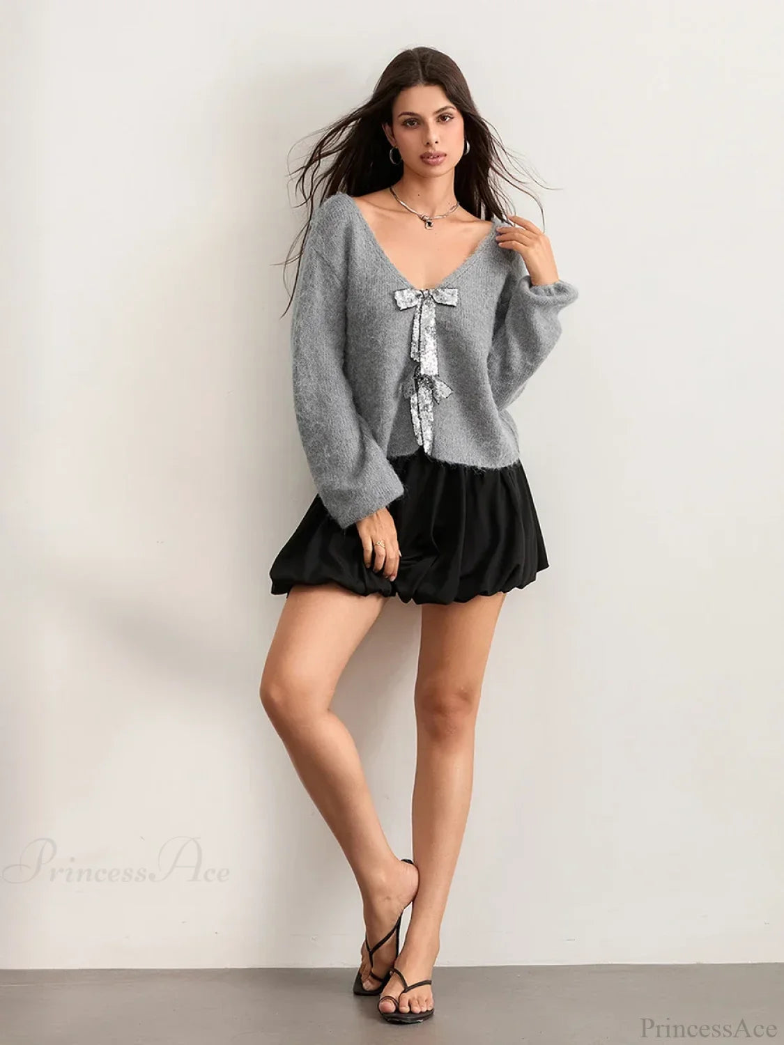 Sequin Bow Front Tie Loose V-Neck Cardigan Cardigan-241208