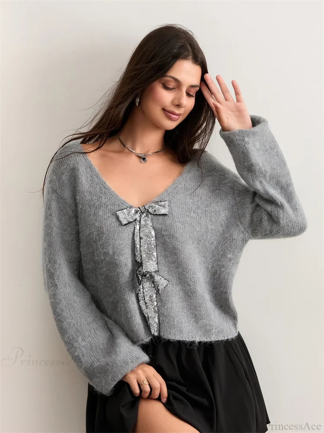 Sequin Bow Front Tie Loose V-Neck Cardigan Cardigan-241208