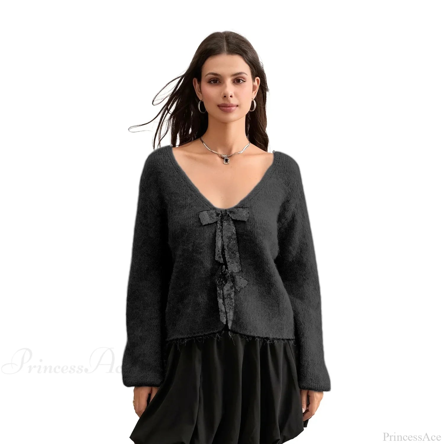 Sequin Bow Front Tie Loose V-Neck Cardigan Black / S Cardigan-241208