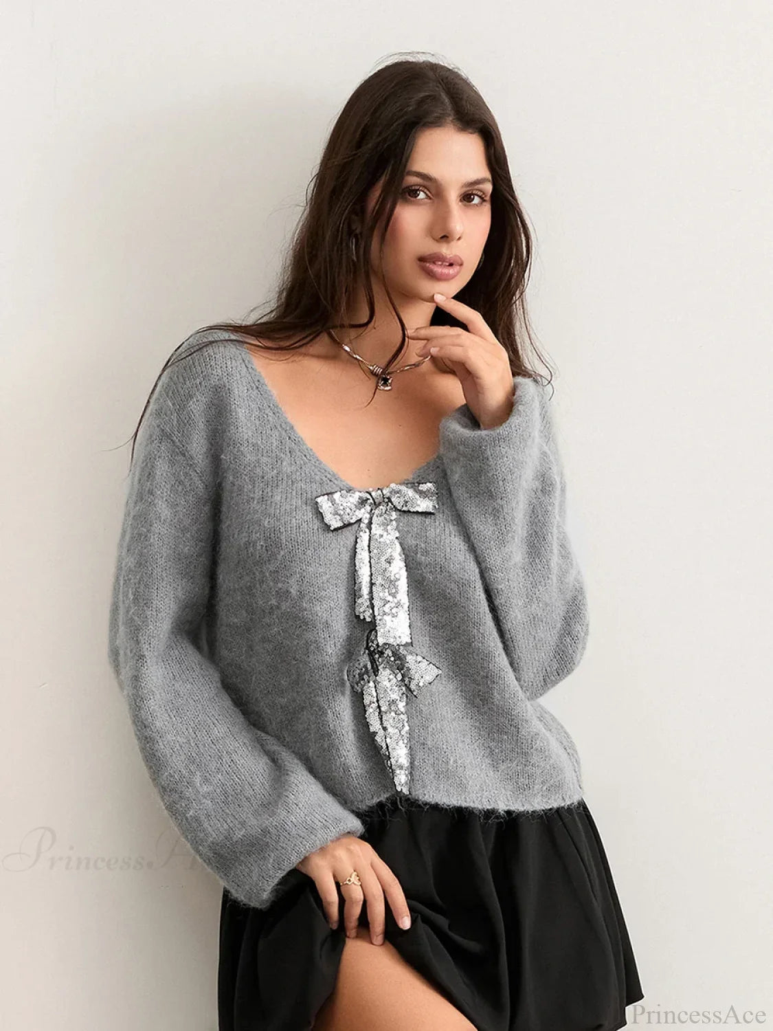 Sequin Bow Front Tie Loose V-Neck Cardigan Gray / S Cardigan-241208