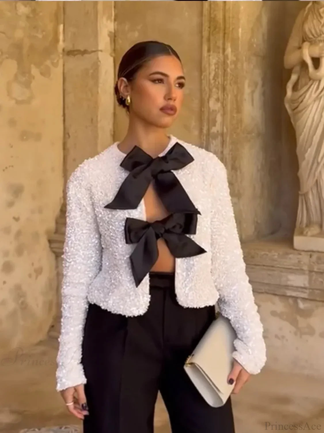 Sequin Bow Lace-Up Short Coat Coats-241208