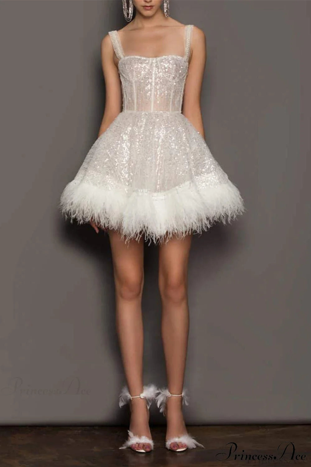 Sequin Feather Strapless Party Dress