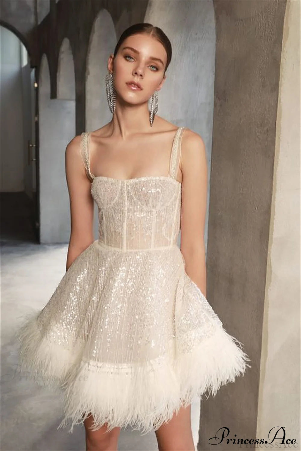 Sequin Feather Strapless Party Dress White / S