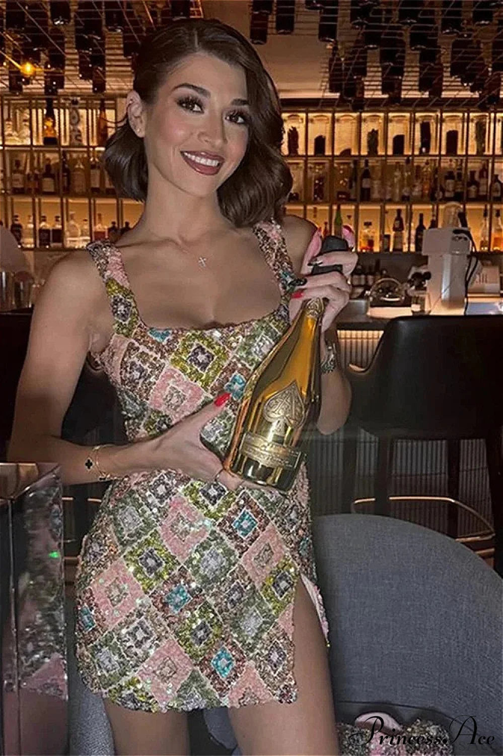 Sequin Halter Mini Floral Dress