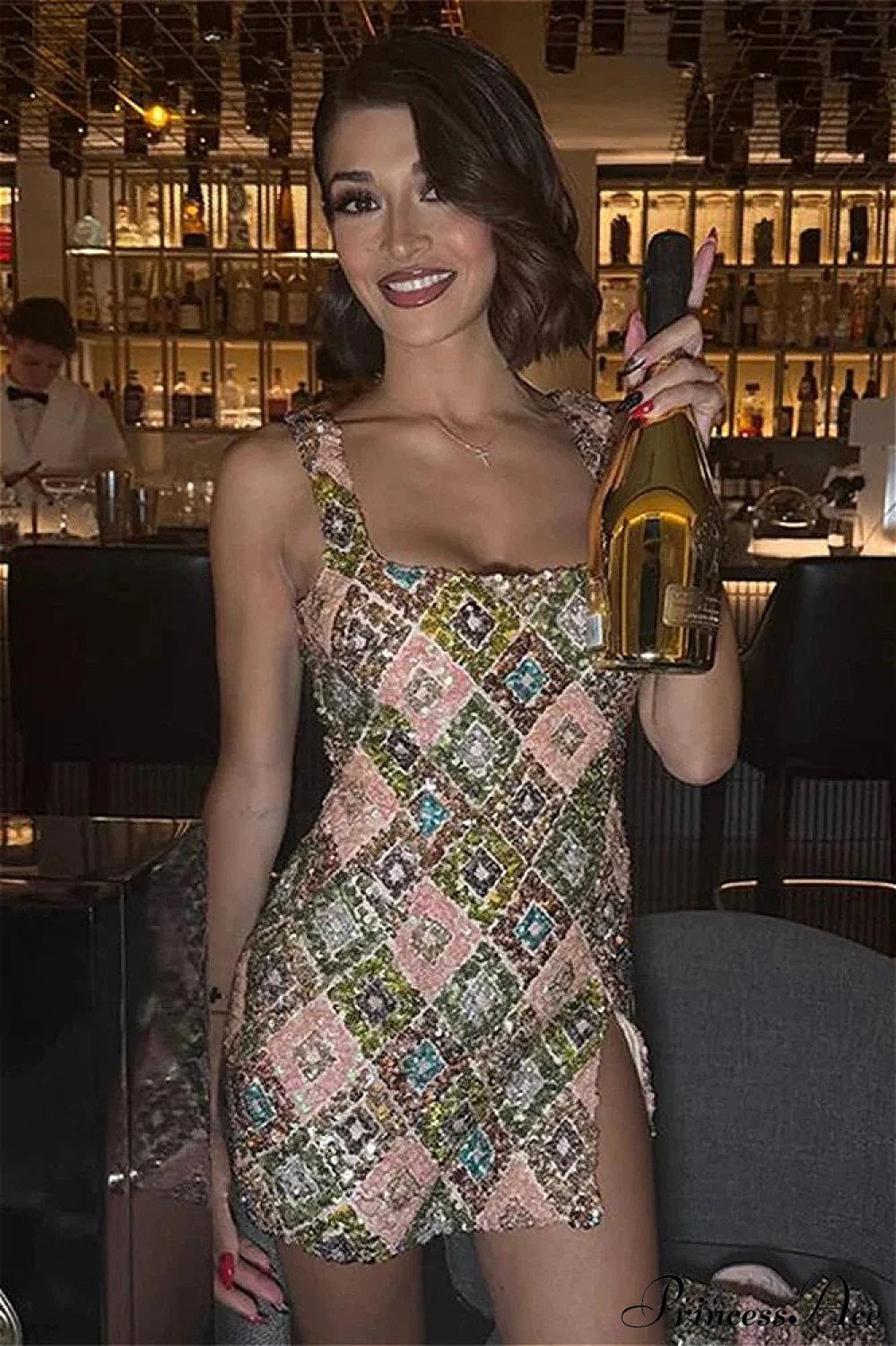 Sequin Halter Mini Floral Dress Pink / S