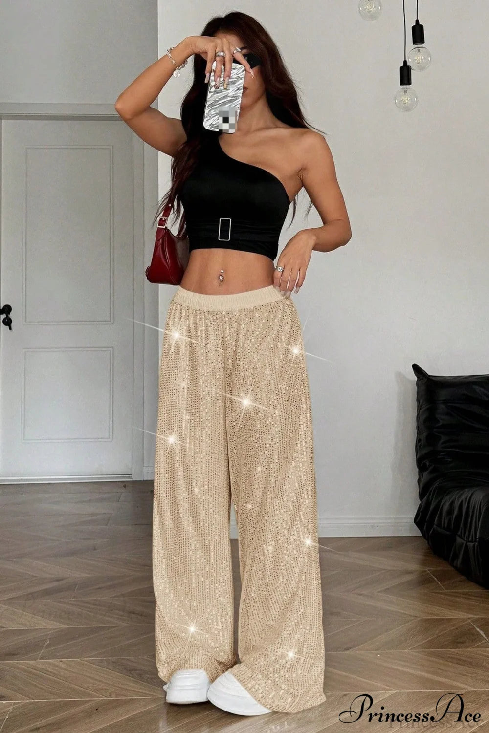 Sequin High Waist Flowy Wide-Leg Pants Apricot / S