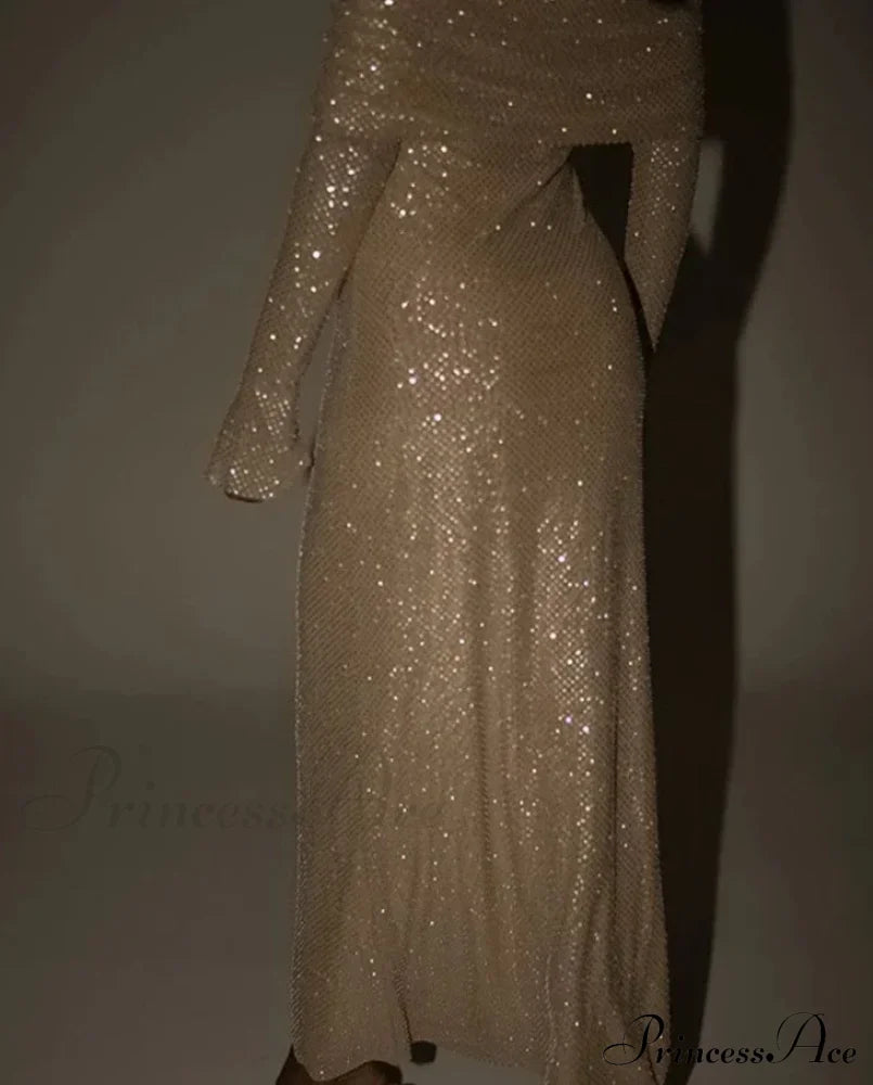 Sequin Long Sleeve Charming Off-Shoulder Maxi Dress