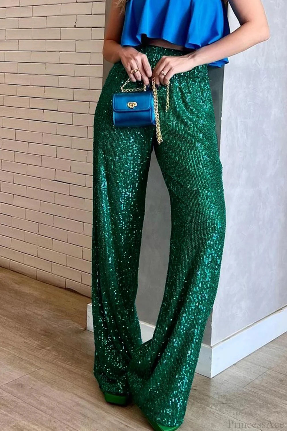 Sequin Long Straight Pants Green / L