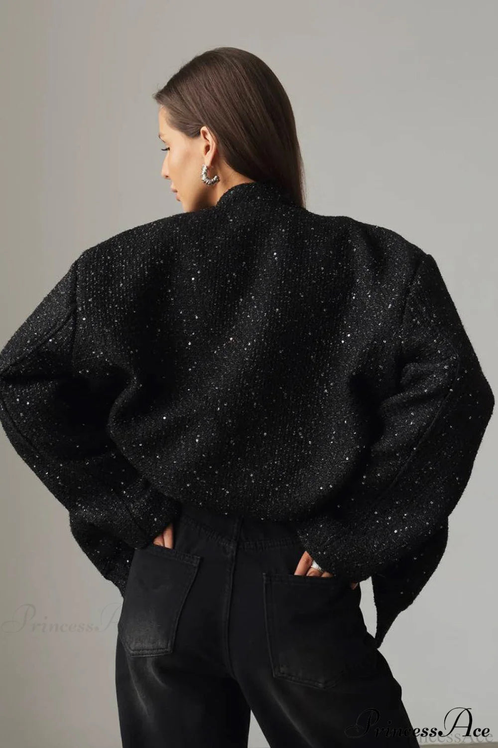 Sequin Metallic Stand Collar Loose Fashion Coat