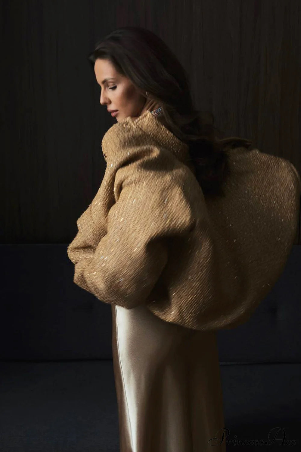 Sequin Metallic Stand Collar Loose Fashion Coat