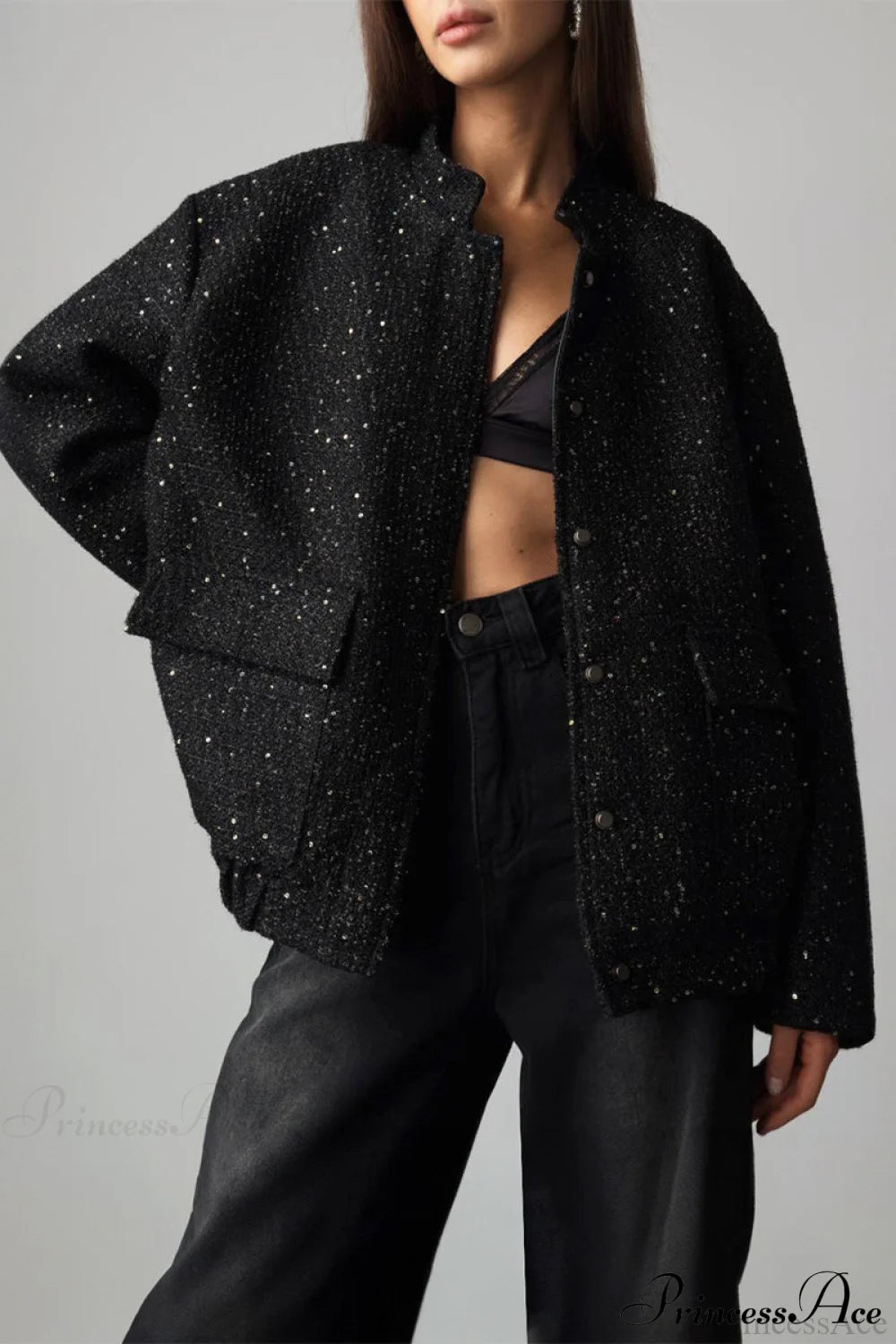 Sequin Metallic Stand Collar Loose Fashion Coat Black / S