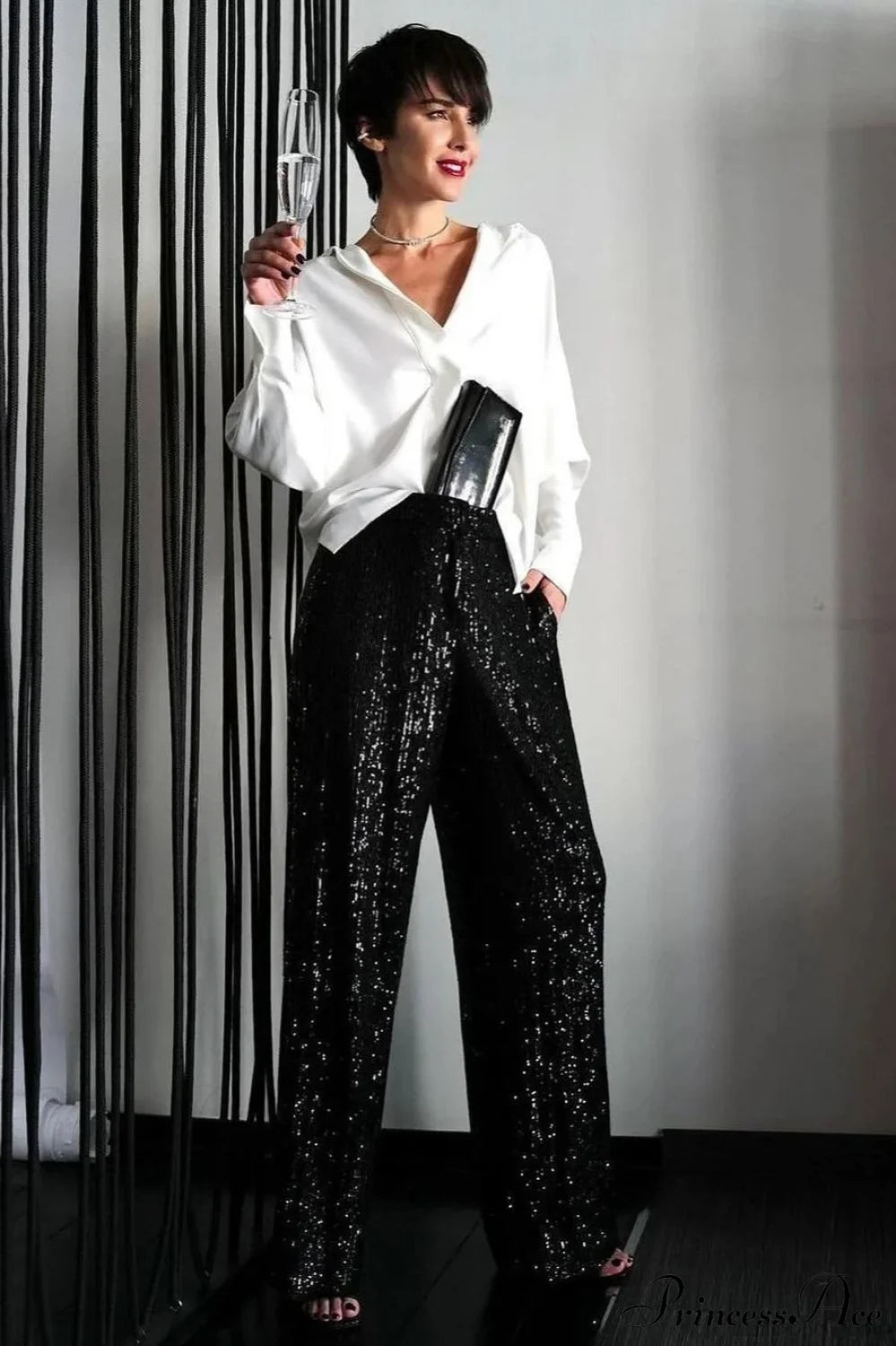 Sequin Slim-Fit Straight Casual Pants