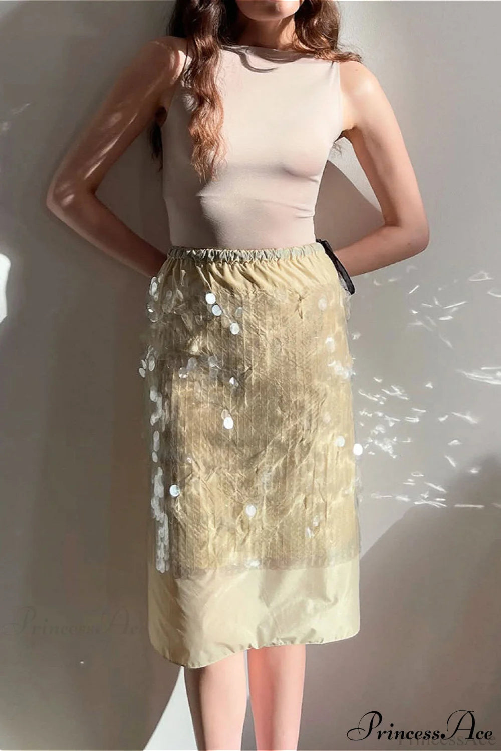 Sequin Tie Color Block Midi Skirt Beige / S