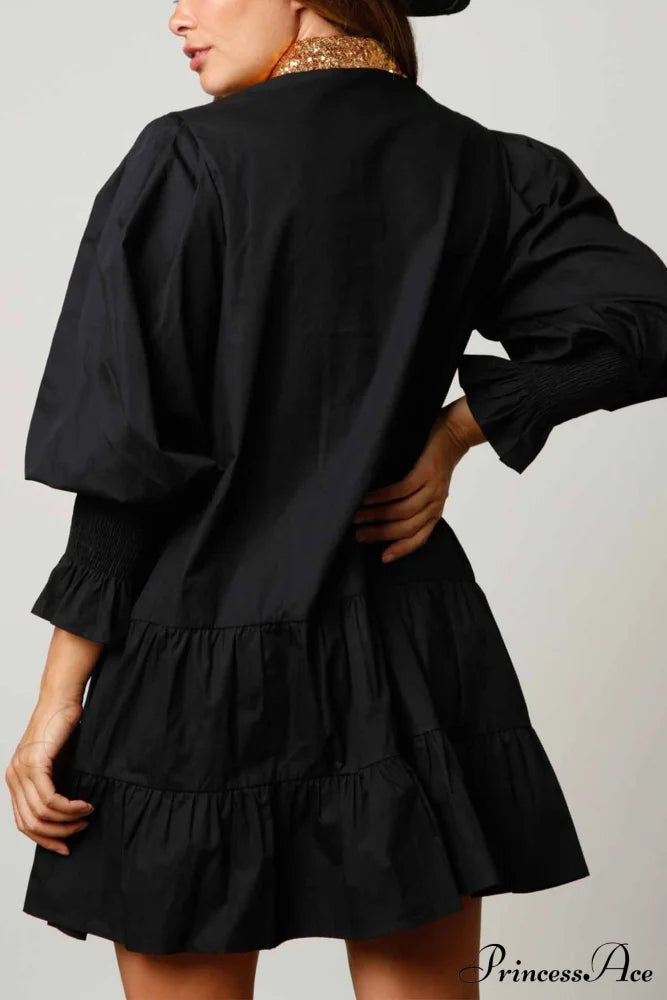 Sequin Tiered Mini Dress With Lapel Button Up Black / M Dresses