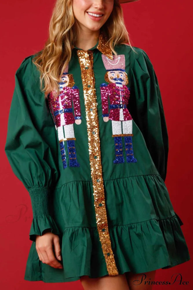 Sequin Tiered Mini Dress With Lapel Button Up Green / S Dresses