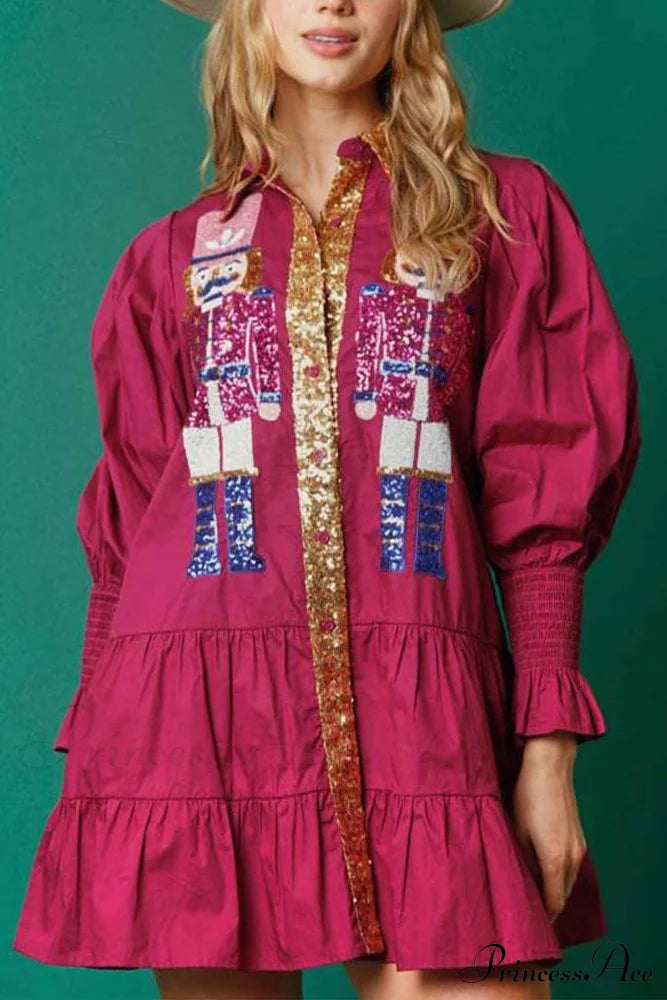 Sequin Tiered Mini Dress With Lapel Button Up Purple Red / S Dresses